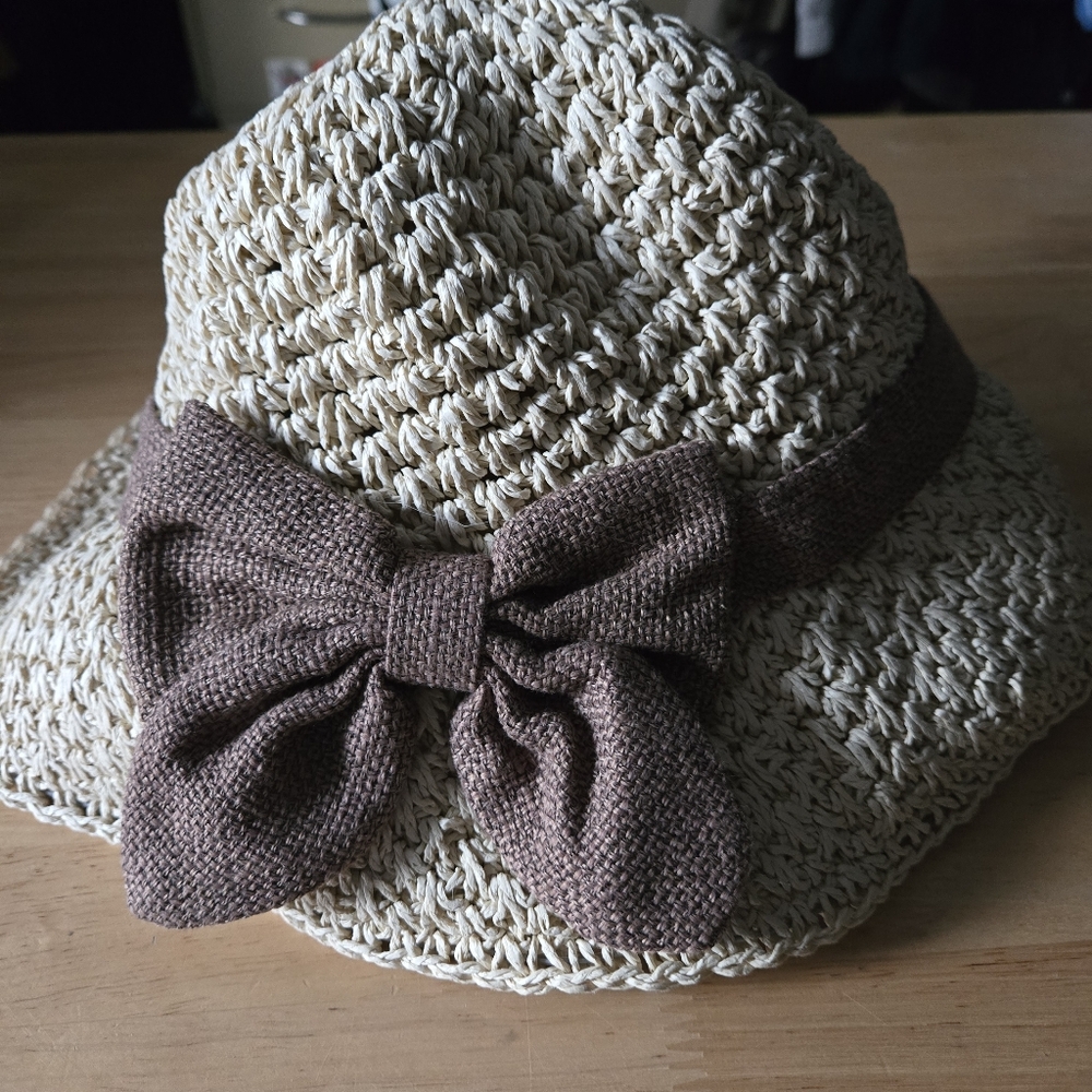 Beige Woven Sun Hat with Brown Band